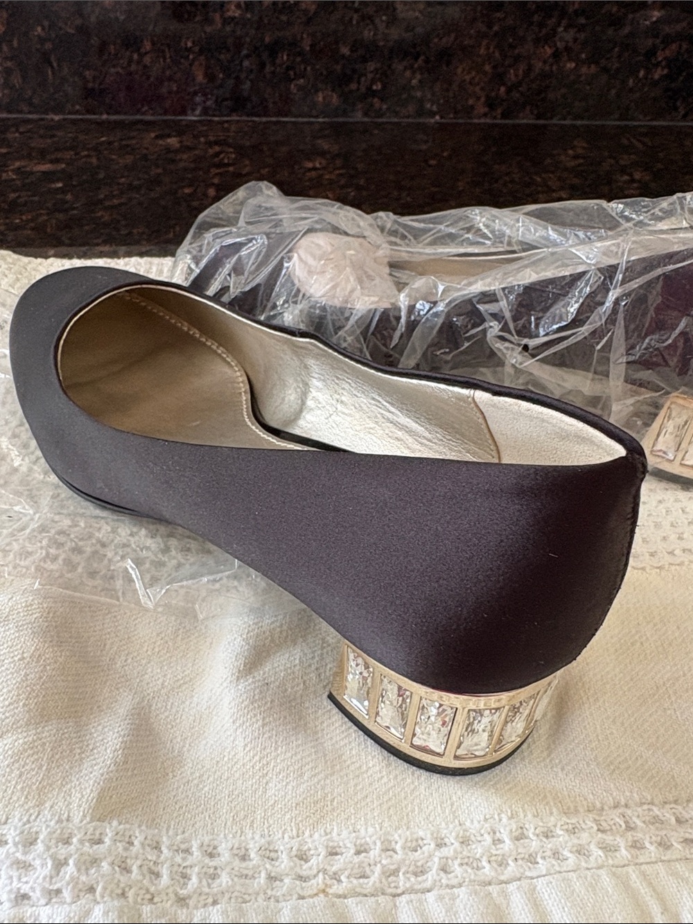 Anne Klein Black Satin Pump with Crystal-Trim Block Heel